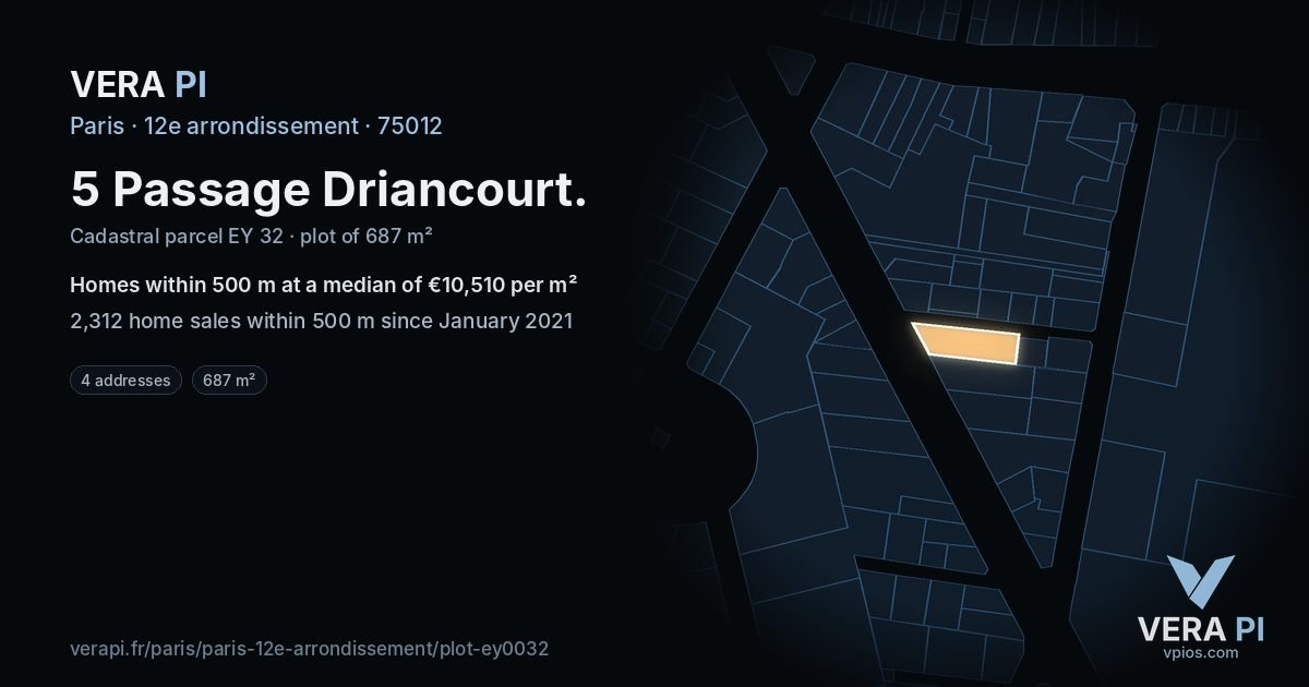 5 Passage Driancourt, 12e arrondissement at night – the plot lit, the parcels around coloured by the prices near them