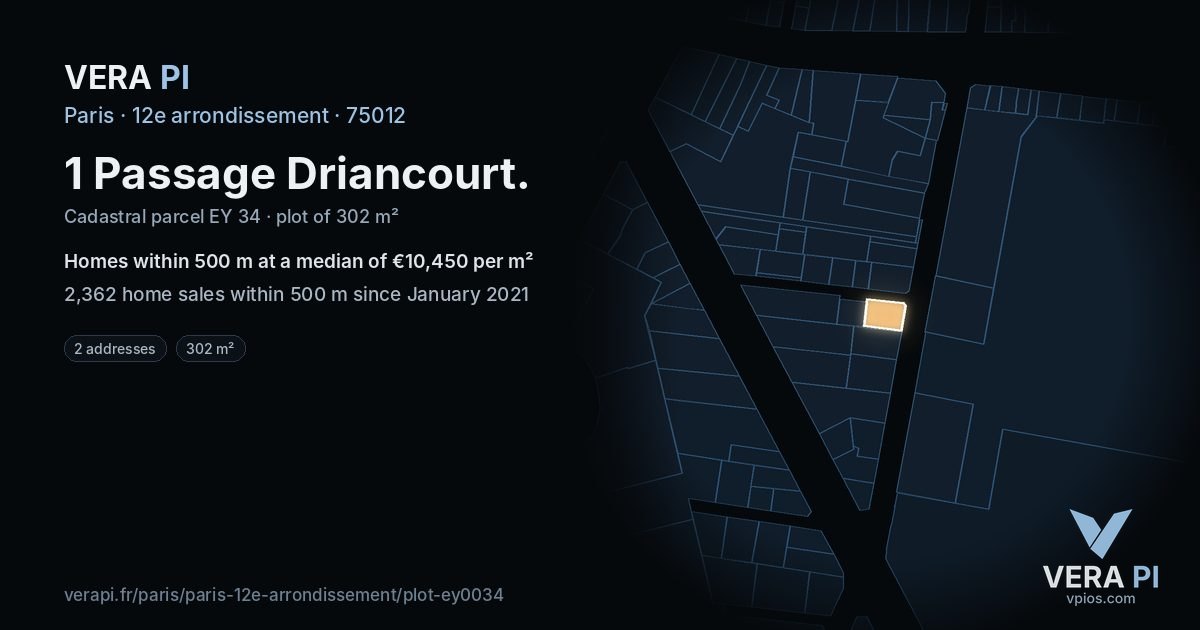 1 Passage Driancourt, 12e arrondissement at night – the plot lit, the parcels around coloured by the prices near them