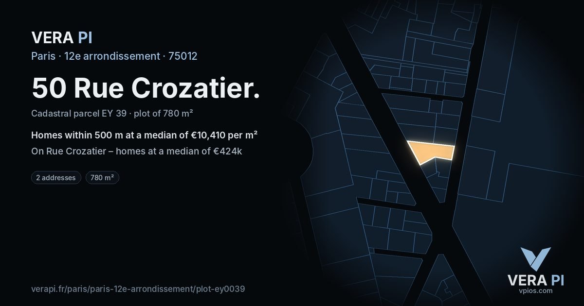 50 Rue Crozatier, 12e arrondissement at night – the plot lit, the parcels around coloured by the prices near them