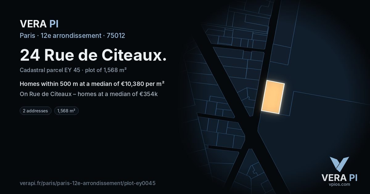 24 Rue de Citeaux, 12e arrondissement at night – the plot lit, the parcels around coloured by the prices near them