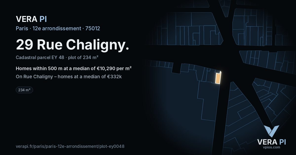 29 Rue Chaligny, 12e arrondissement at night – the plot lit, the parcels around coloured by the prices near them