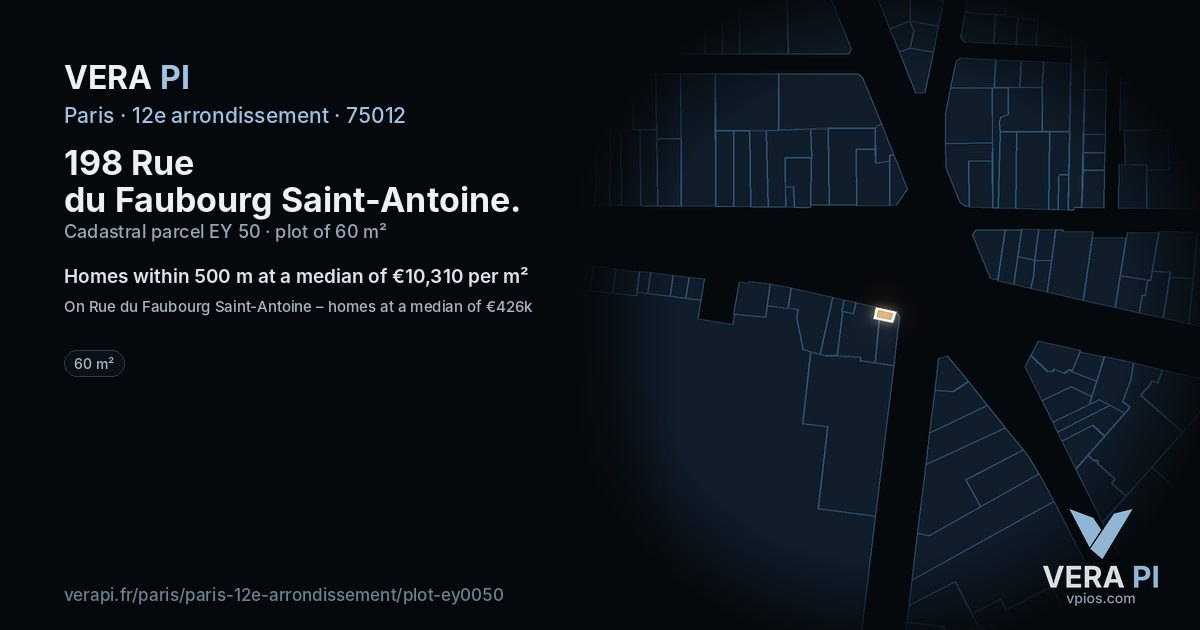 198 Rue du Faubourg Saint-Antoine, 12e arrondissement at night – the plot lit, the parcels around coloured by the prices near them