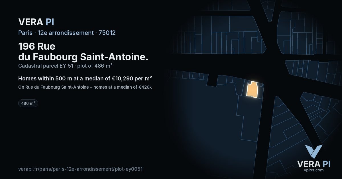 196 Rue du Faubourg Saint-Antoine, 12e arrondissement at night – the plot lit, the parcels around coloured by the prices near them