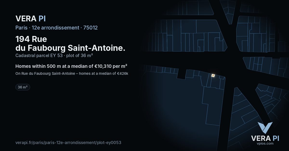 194 Rue du Faubourg Saint-Antoine, 12e arrondissement at night – the plot lit, the parcels around coloured by the prices near them