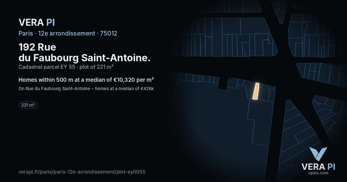 192 Rue du Faubourg Saint-Antoine, 12e arrondissement at night – the plot lit, the parcels around coloured by the prices near them