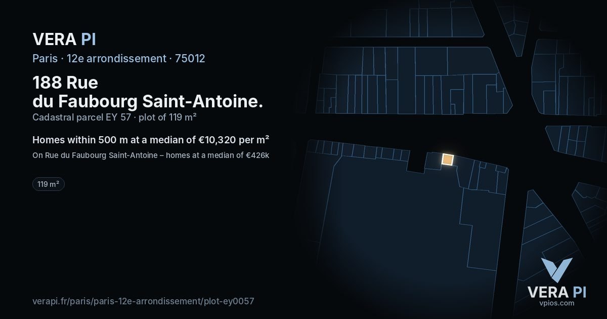 188 Rue du Faubourg Saint-Antoine, 12e arrondissement at night – the plot lit, the parcels around coloured by the prices near them