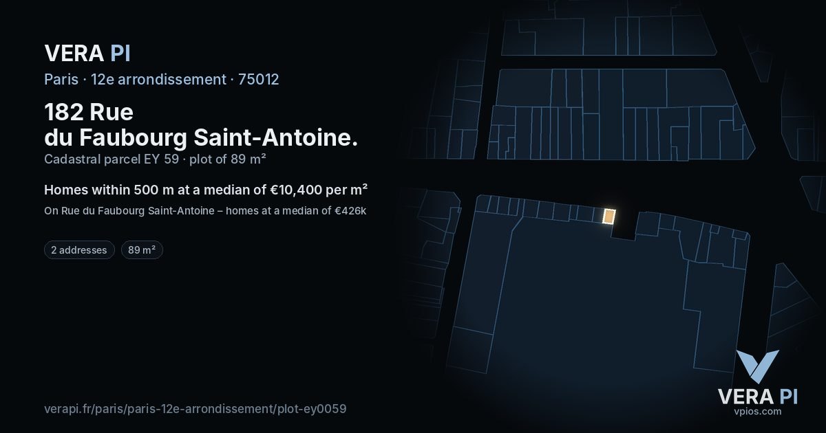 182 Rue du Faubourg Saint-Antoine, 12e arrondissement at night – the plot lit, the parcels around coloured by the prices near them