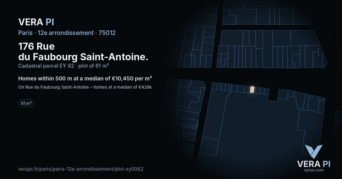 176 Rue du Faubourg Saint-Antoine, 12e arrondissement at night – the plot lit, the parcels around coloured by the prices near them