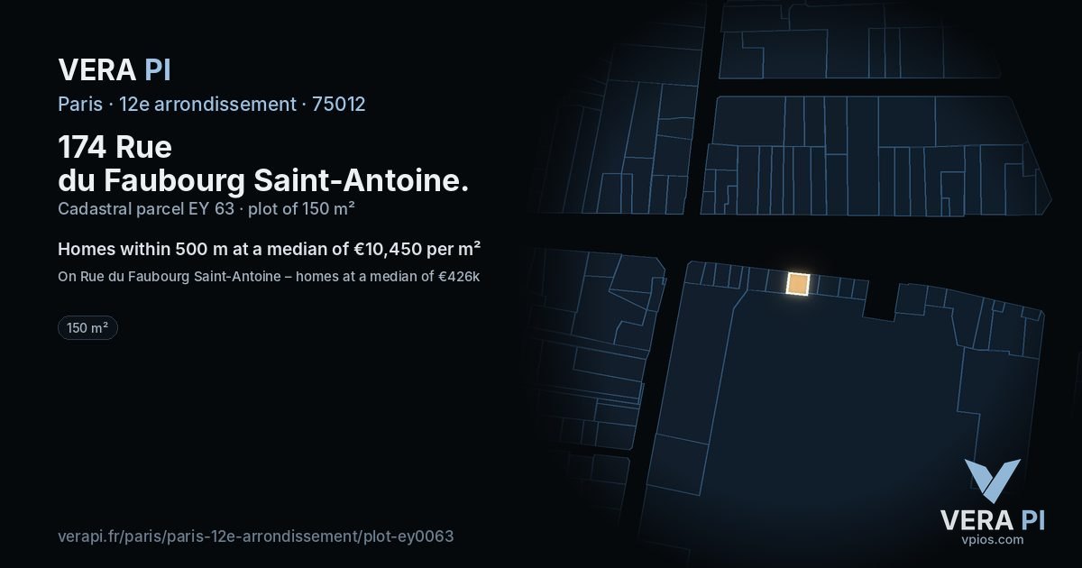 174 Rue du Faubourg Saint-Antoine, 12e arrondissement at night – the plot lit, the parcels around coloured by the prices near them