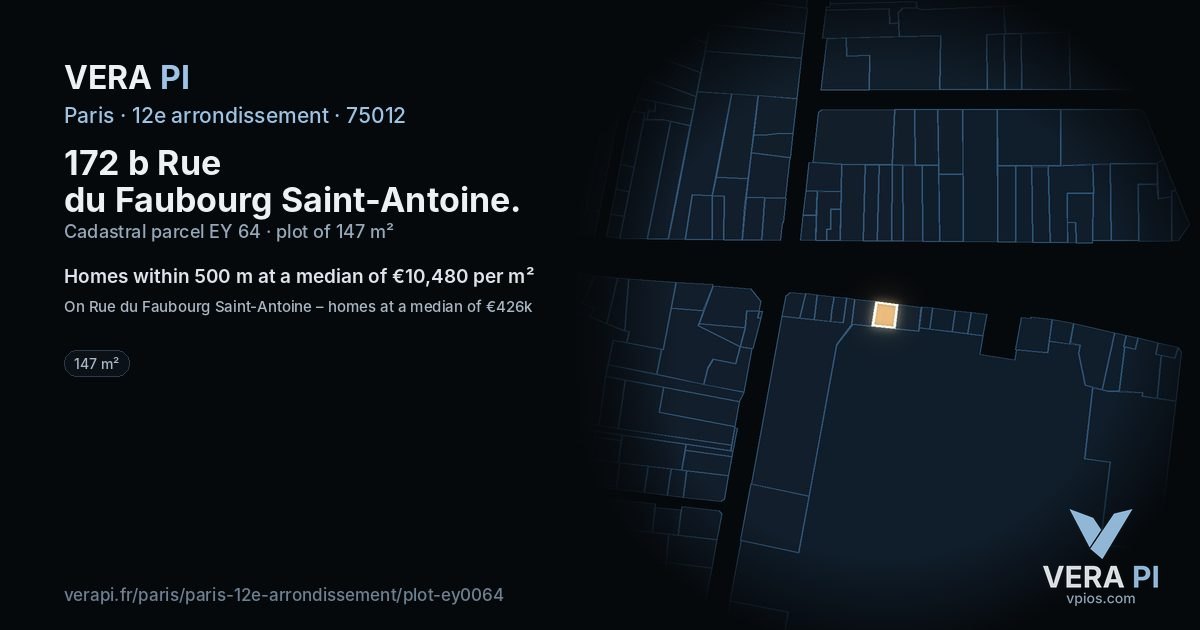 172 b Rue du Faubourg Saint-Antoine, 12e arrondissement at night – the plot lit, the parcels around coloured by the prices near them