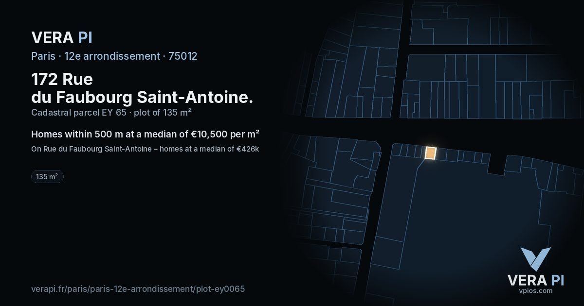 172 Rue du Faubourg Saint-Antoine, 12e arrondissement at night – the plot lit, the parcels around coloured by the prices near them