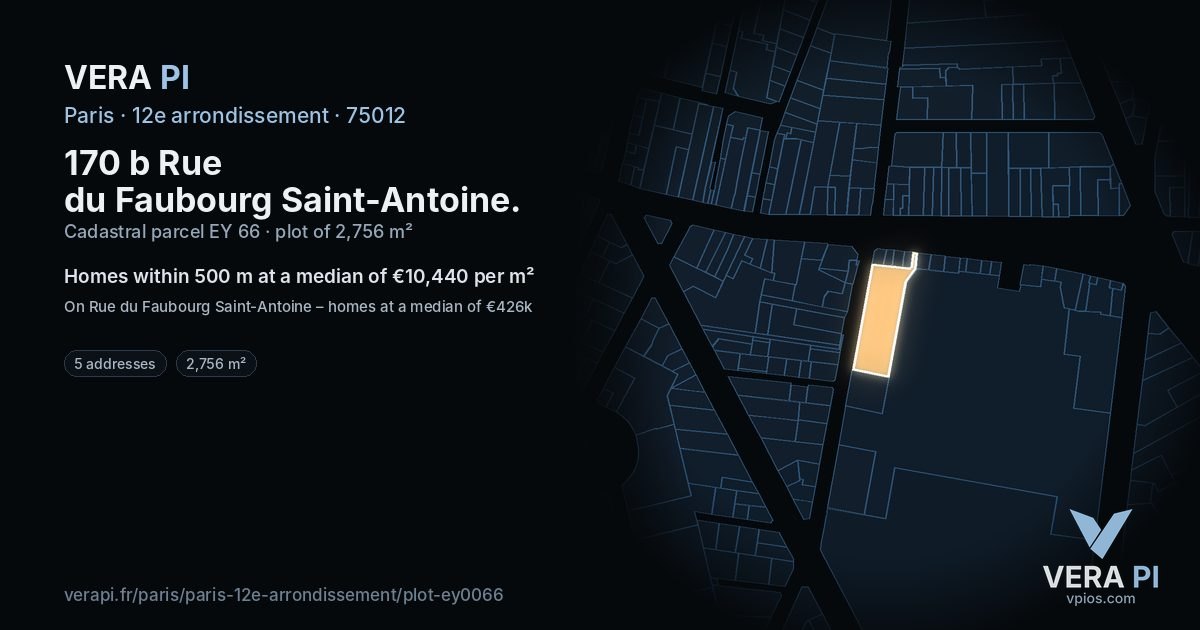 170 b Rue du Faubourg Saint-Antoine, 12e arrondissement at night – the plot lit, the parcels around coloured by the prices near them