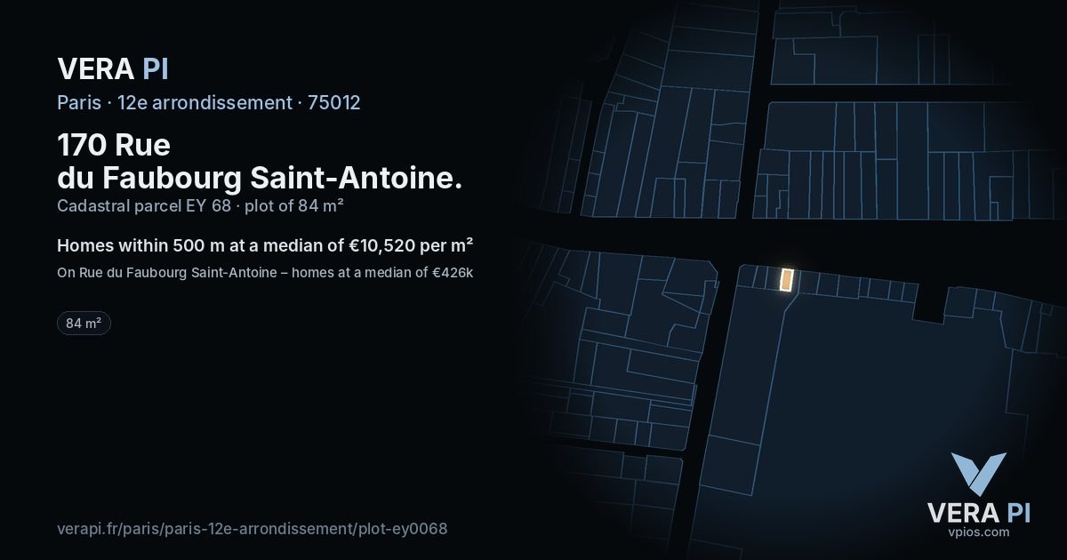 170 Rue du Faubourg Saint-Antoine, 12e arrondissement at night – the plot lit, the parcels around coloured by the prices near them