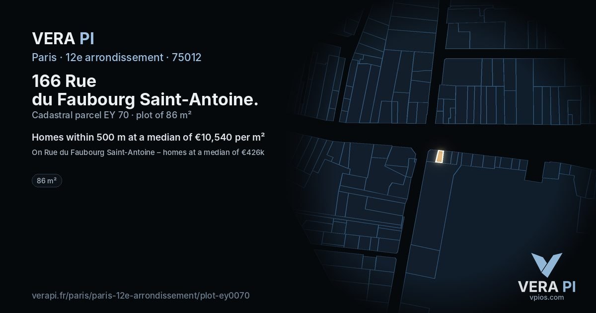 166 Rue du Faubourg Saint-Antoine, 12e arrondissement at night – the plot lit, the parcels around coloured by the prices near them