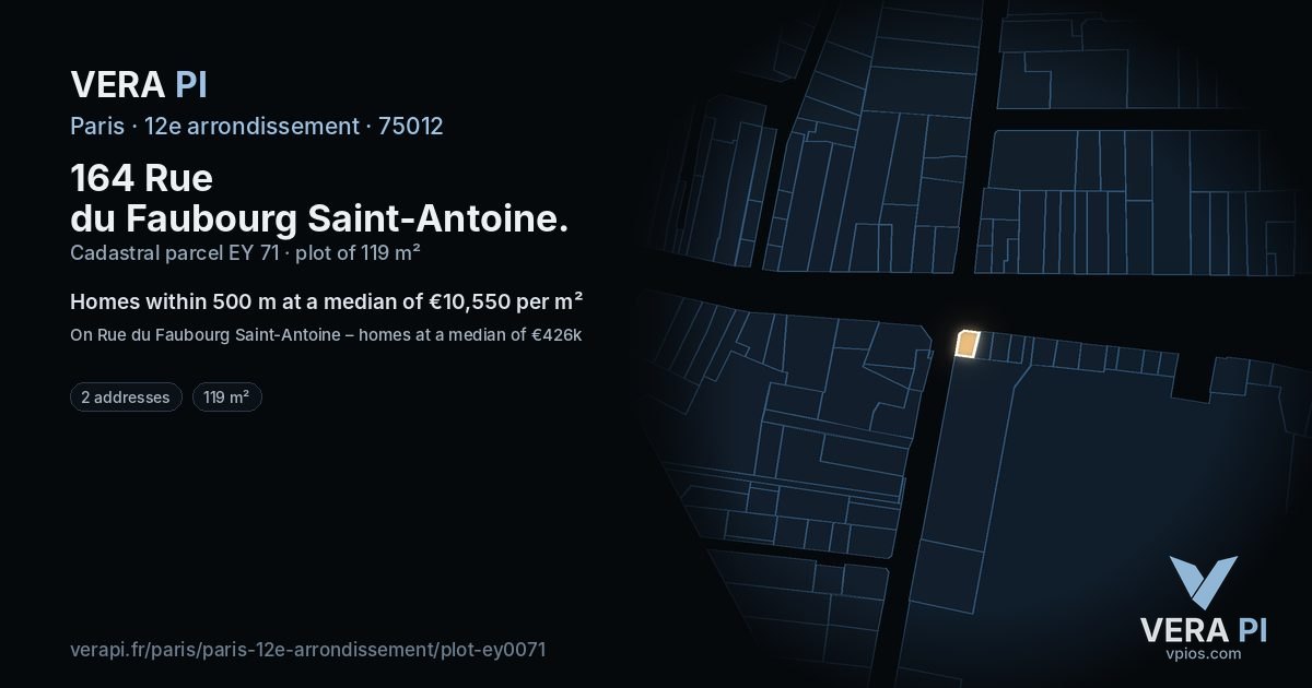 164 Rue du Faubourg Saint-Antoine, 12e arrondissement at night – the plot lit, the parcels around coloured by the prices near them