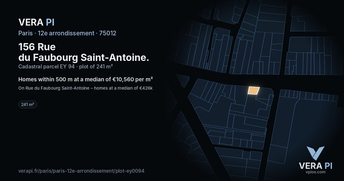 156 Rue du Faubourg Saint-Antoine, 12e arrondissement at night – the plot lit, the parcels around coloured by the prices near them
