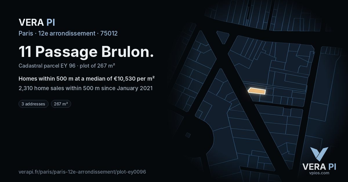 11 Passage Brulon, 12e arrondissement at night – the plot lit, the parcels around coloured by the prices near them