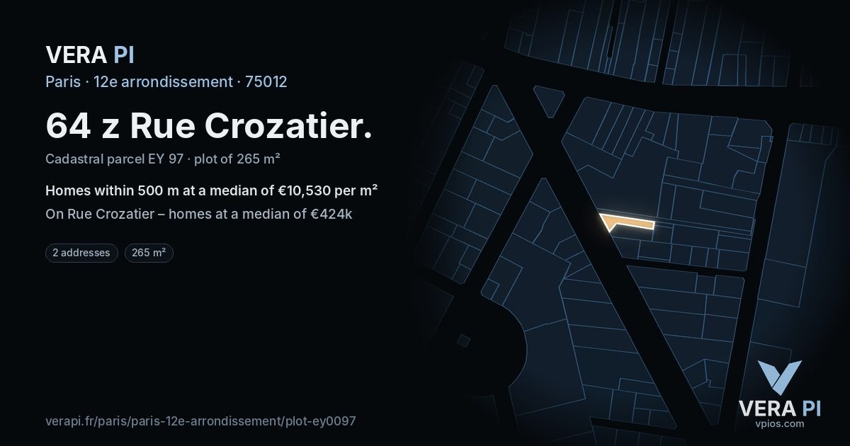 64 z Rue Crozatier, 12e arrondissement at night – the plot lit, the parcels around coloured by the prices near them