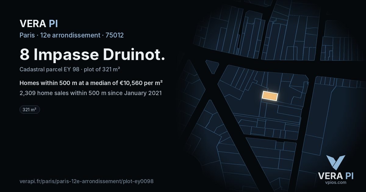 8 Impasse Druinot, 12e arrondissement at night – the plot lit, the parcels around coloured by the prices near them