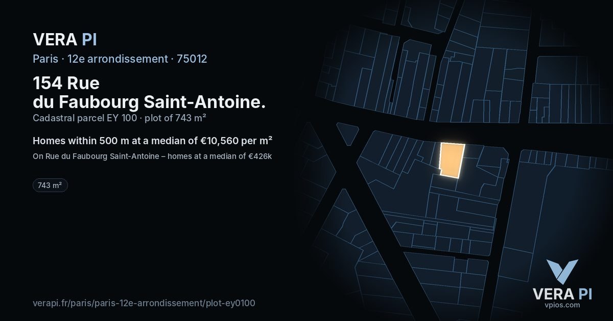 154 Rue du Faubourg Saint-Antoine, 12e arrondissement at night – the plot lit, the parcels around coloured by the prices near them