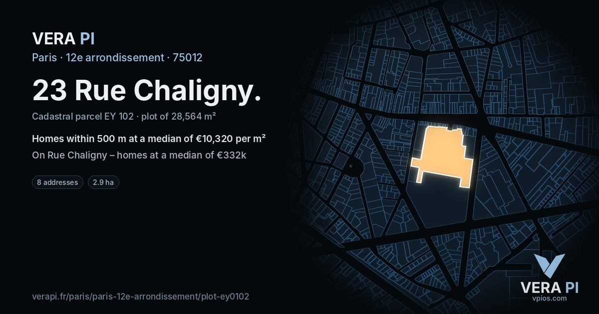 23 Rue Chaligny, 12e arrondissement at night – the plot lit, the parcels around coloured by the prices near them