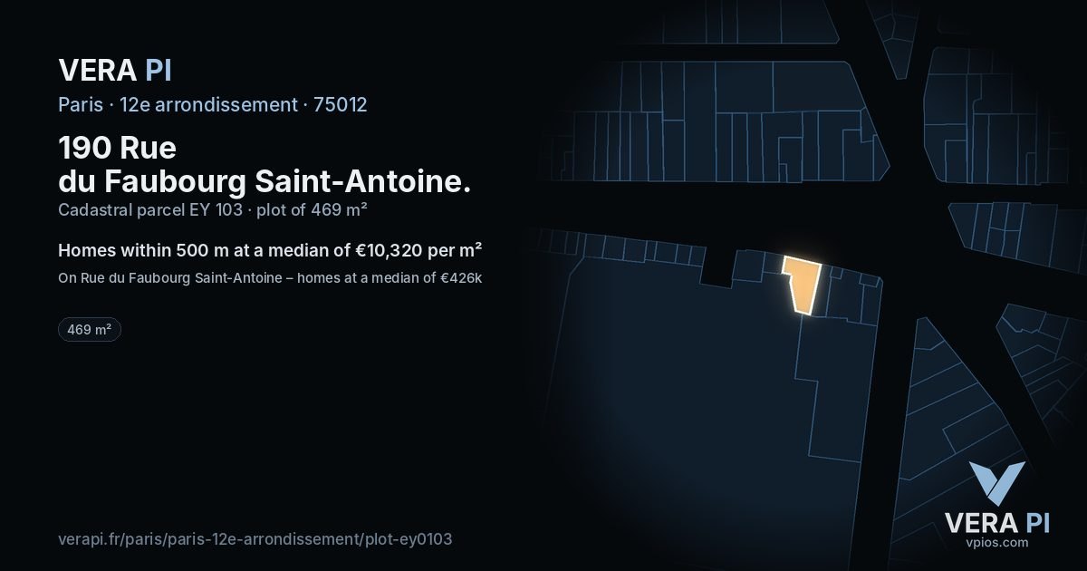 190 Rue du Faubourg Saint-Antoine, 12e arrondissement at night – the plot lit, the parcels around coloured by the prices near them