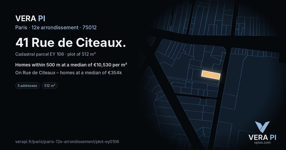 41 Rue de Citeaux, 12e arrondissement at night – the plot lit, the parcels around coloured by the prices near them
