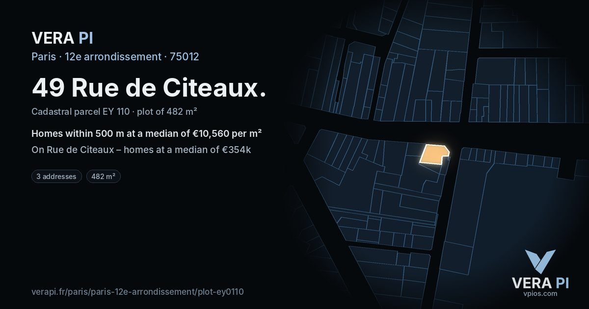 49 Rue de Citeaux, 12e arrondissement at night – the plot lit, the parcels around coloured by the prices near them
