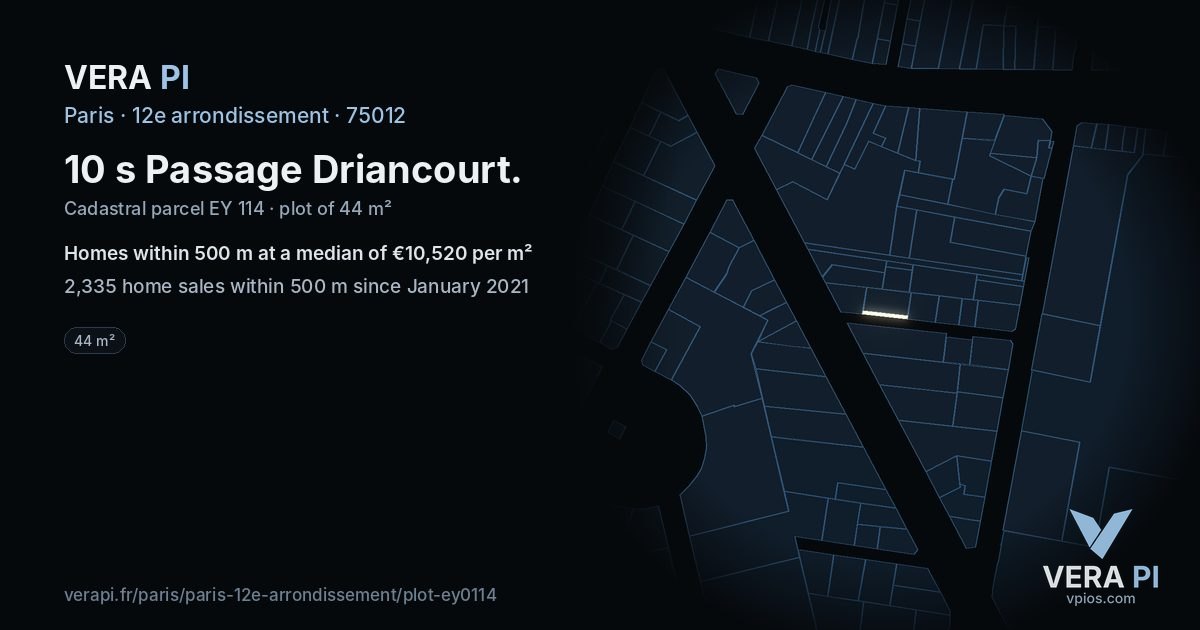 10 s Passage Driancourt, 12e arrondissement at night – the plot lit, the parcels around coloured by the prices near them