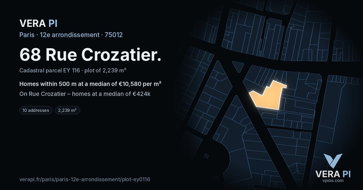 68 Rue Crozatier, 12e arrondissement at night – the plot lit, the parcels around coloured by the prices near them