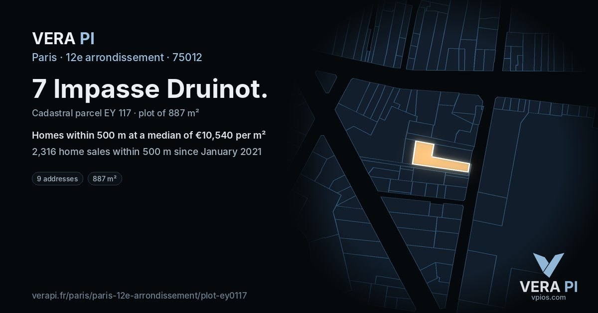 7 Impasse Druinot, 12e arrondissement at night – the plot lit, the parcels around coloured by the prices near them