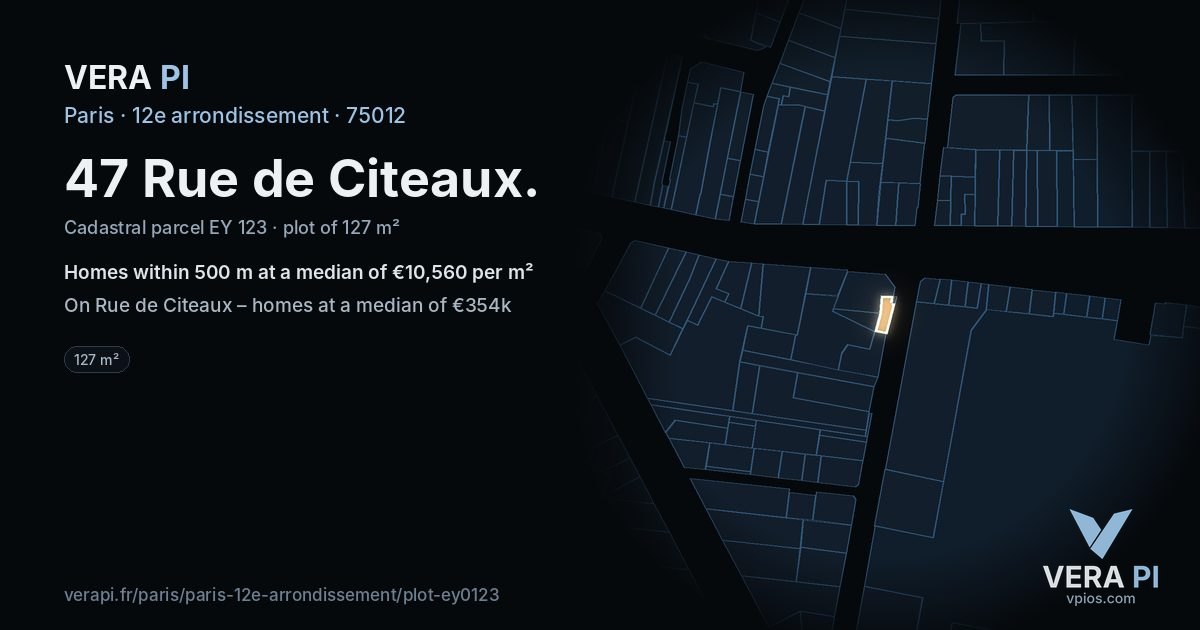 47 Rue de Citeaux, 12e arrondissement at night – the plot lit, the parcels around coloured by the prices near them