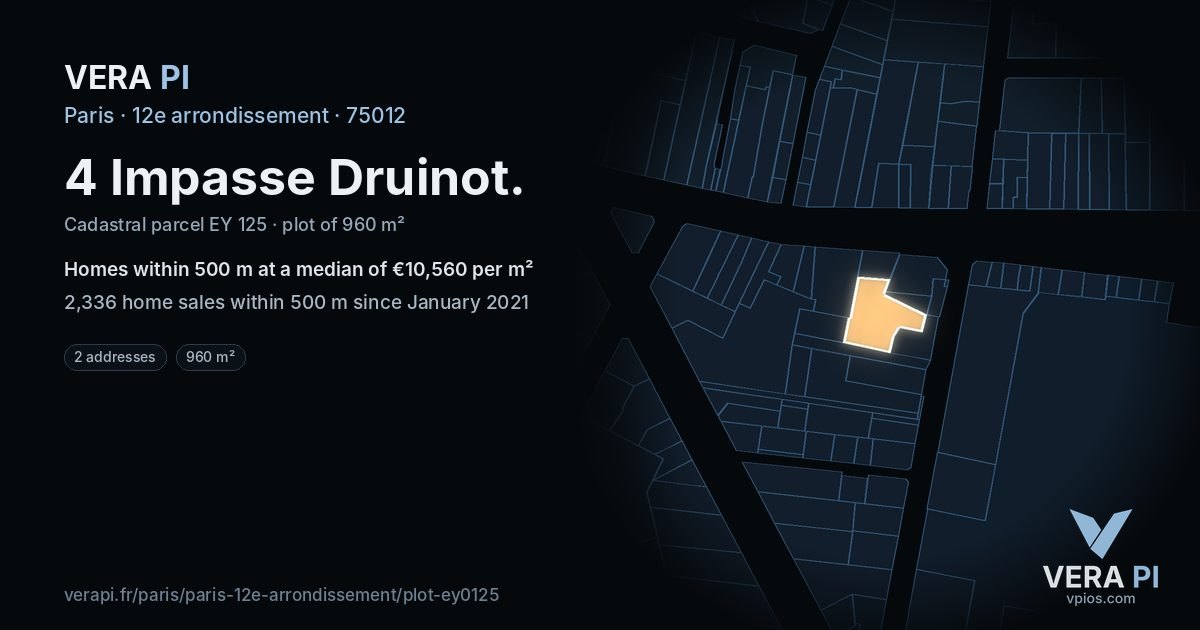 4 Impasse Druinot, 12e arrondissement at night – the plot lit, the parcels around coloured by the prices near them
