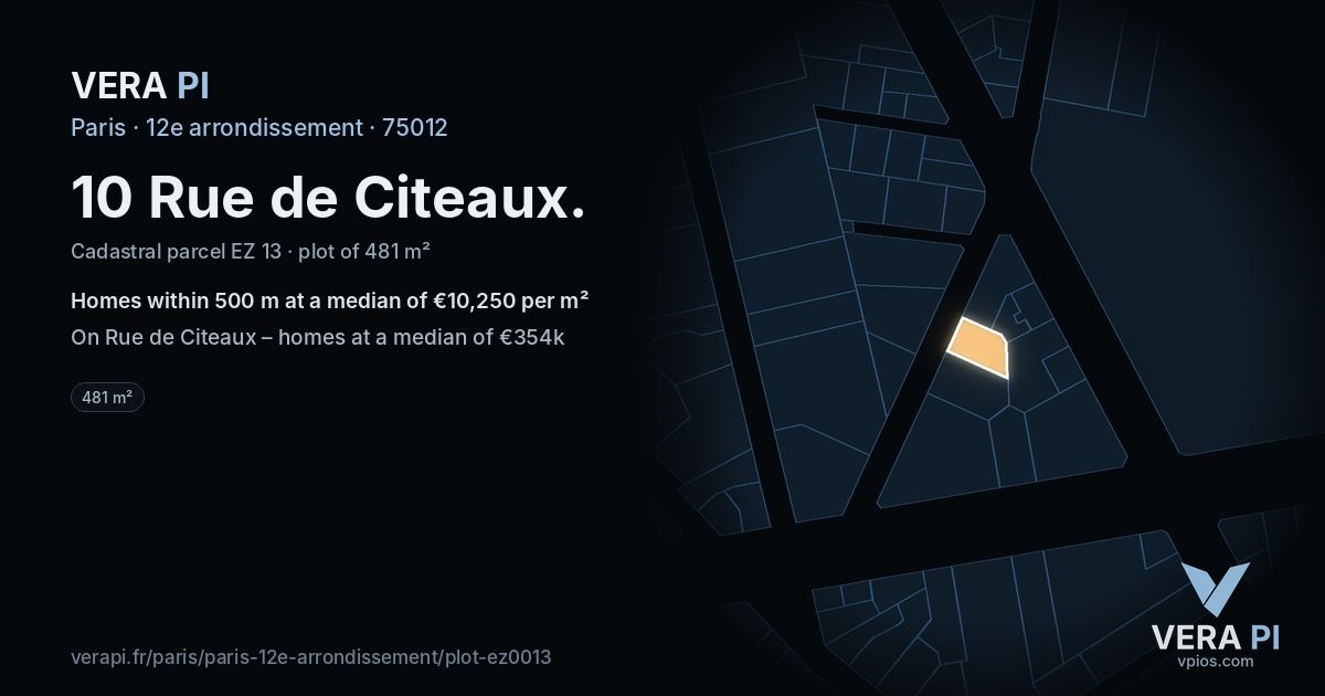 10 Rue de Citeaux, 12e arrondissement at night – the plot lit, the parcels around coloured by the prices near them