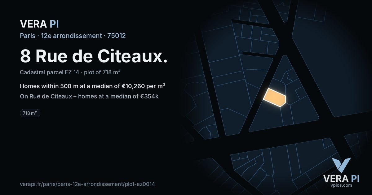 8 Rue de Citeaux, 12e arrondissement at night – the plot lit, the parcels around coloured by the prices near them