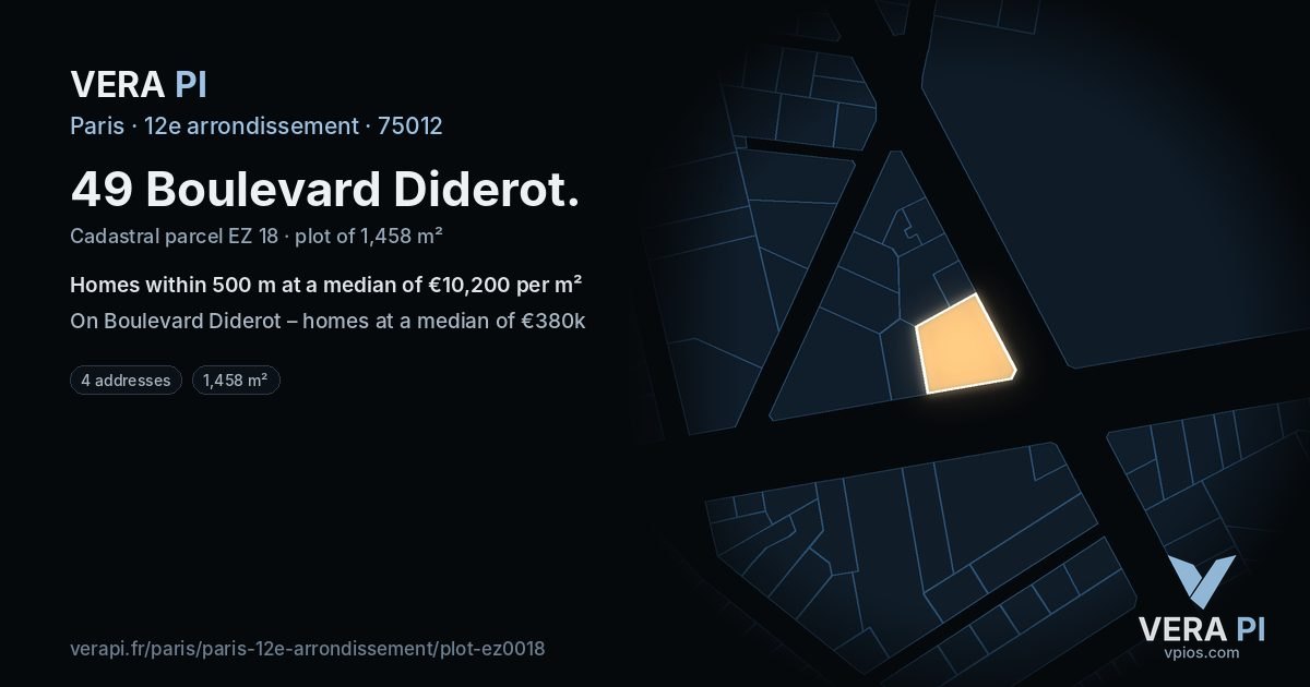 49 Boulevard Diderot, 12e arrondissement at night – the plot lit, the parcels around coloured by the prices near them