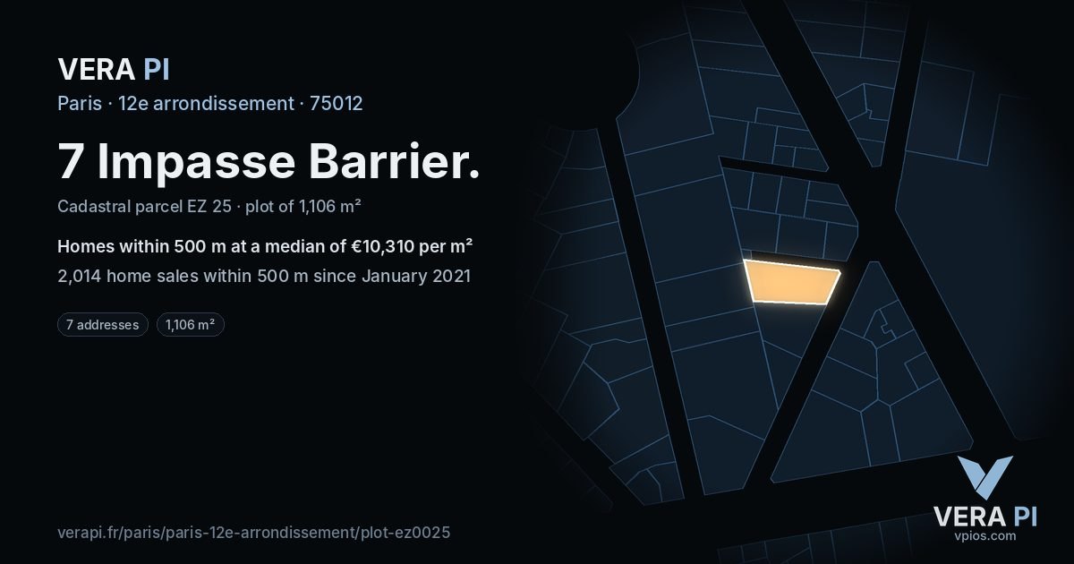 7 Impasse Barrier, 12e arrondissement at night – the plot lit, the parcels around coloured by the prices near them