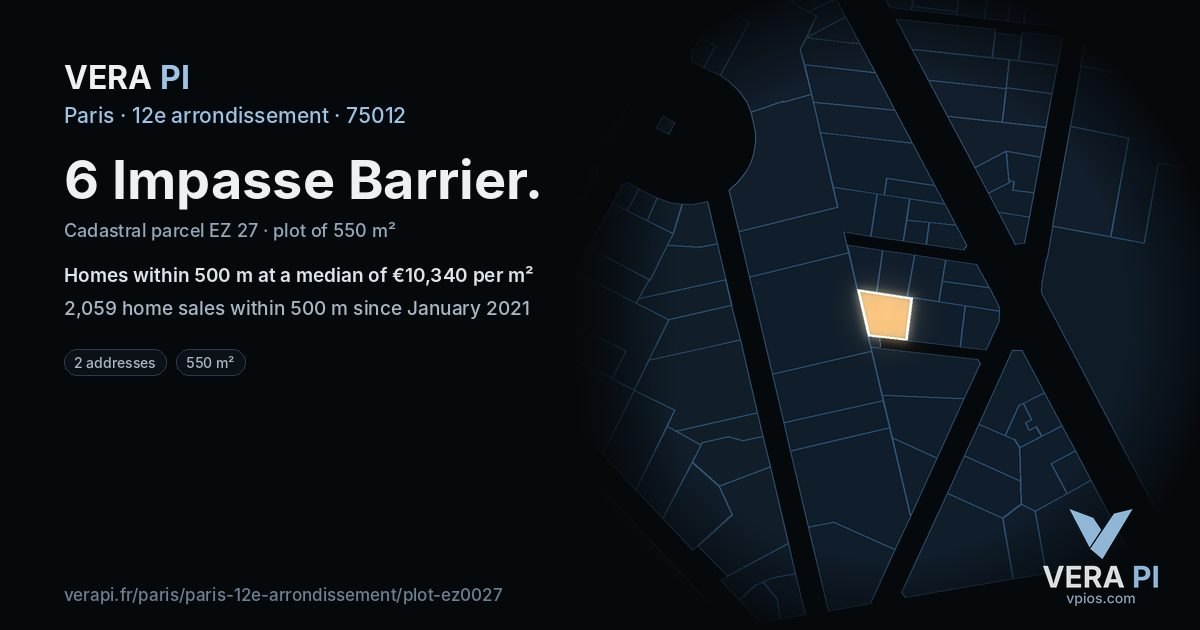 6 Impasse Barrier, 12e arrondissement at night – the plot lit, the parcels around coloured by the prices near them
