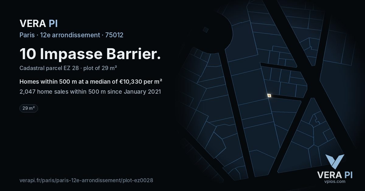 10 Impasse Barrier, 12e arrondissement at night – the plot lit, the parcels around coloured by the prices near them