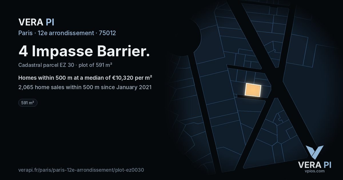 4 Impasse Barrier, 12e arrondissement at night – the plot lit, the parcels around coloured by the prices near them