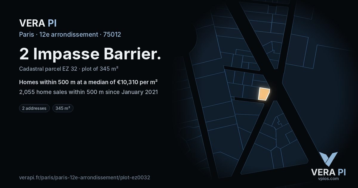 2 Impasse Barrier, 12e arrondissement at night – the plot lit, the parcels around coloured by the prices near them