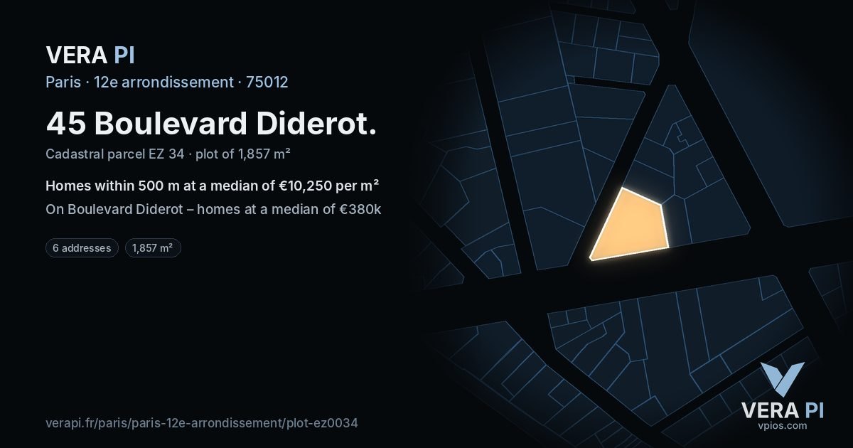 45 Boulevard Diderot, 12e arrondissement at night – the plot lit, the parcels around coloured by the prices near them