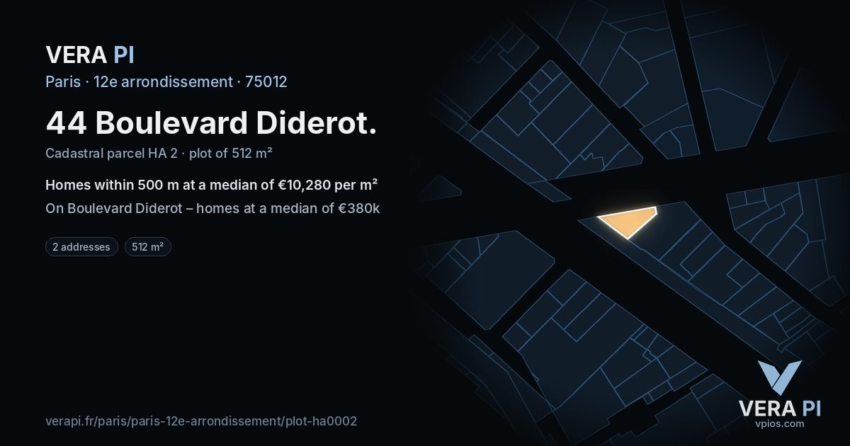 44 Boulevard Diderot, 12e arrondissement at night – the plot lit, the parcels around coloured by the prices near them