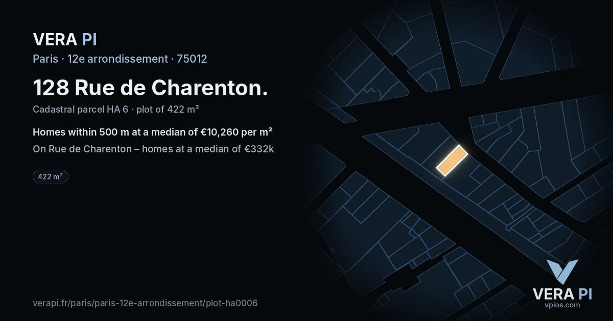 128 Rue de Charenton, 12e arrondissement at night – the plot lit, the parcels around coloured by the prices near them