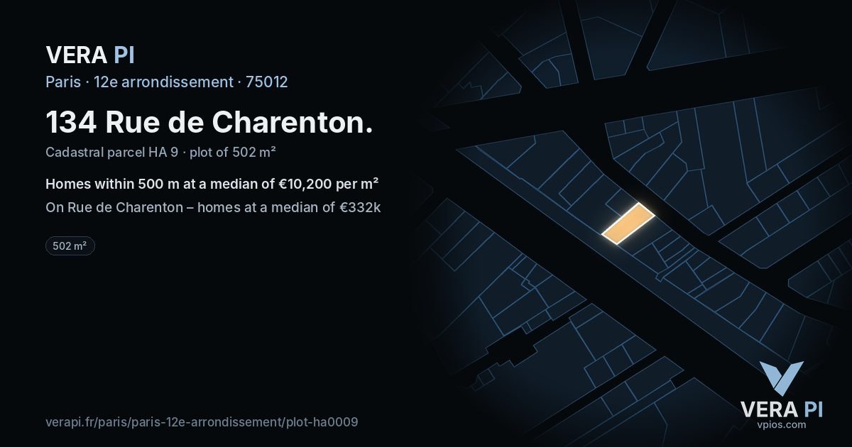 134 Rue de Charenton, 12e arrondissement at night – the plot lit, the parcels around coloured by the prices near them