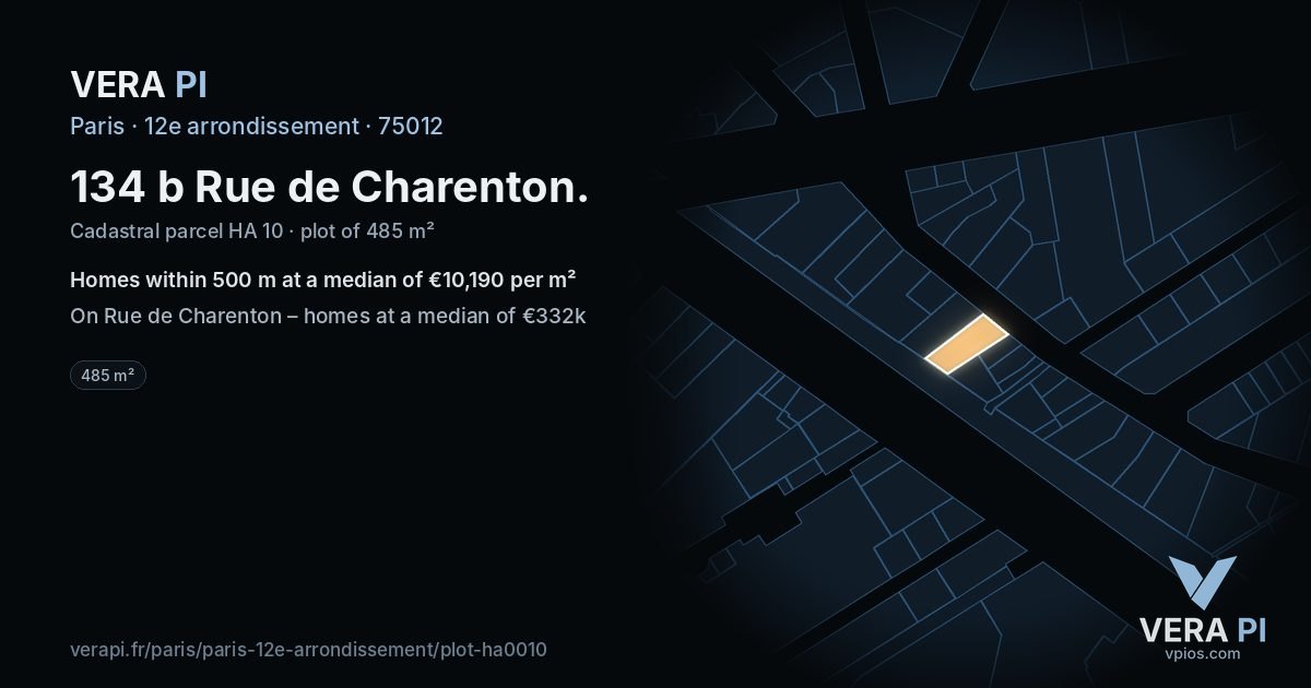 134 b Rue de Charenton, 12e arrondissement at night – the plot lit, the parcels around coloured by the prices near them