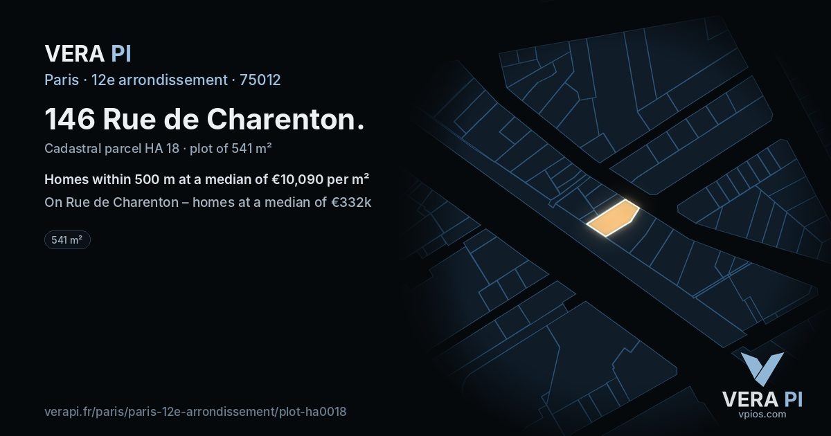 146 Rue de Charenton, 12e arrondissement at night – the plot lit, the parcels around coloured by the prices near them