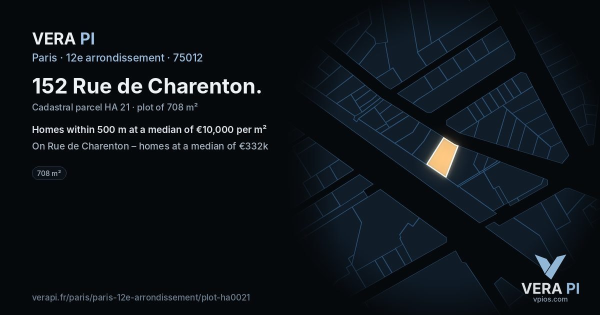 152 Rue de Charenton, 12e arrondissement at night – the plot lit, the parcels around coloured by the prices near them