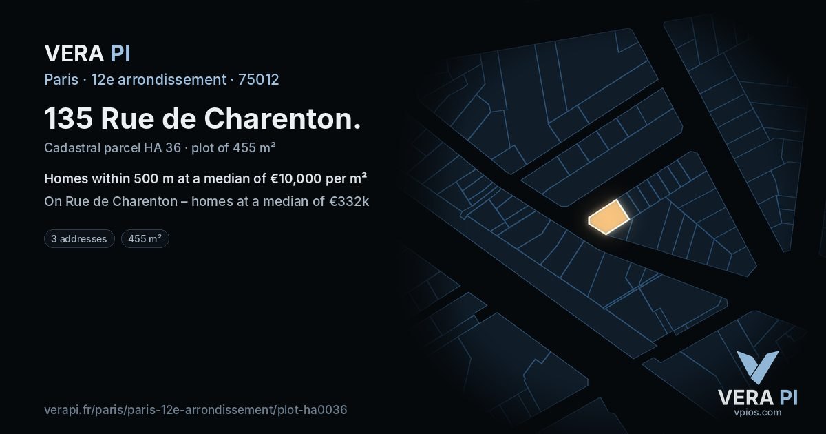 135 Rue de Charenton, 12e arrondissement at night – the plot lit, the parcels around coloured by the prices near them