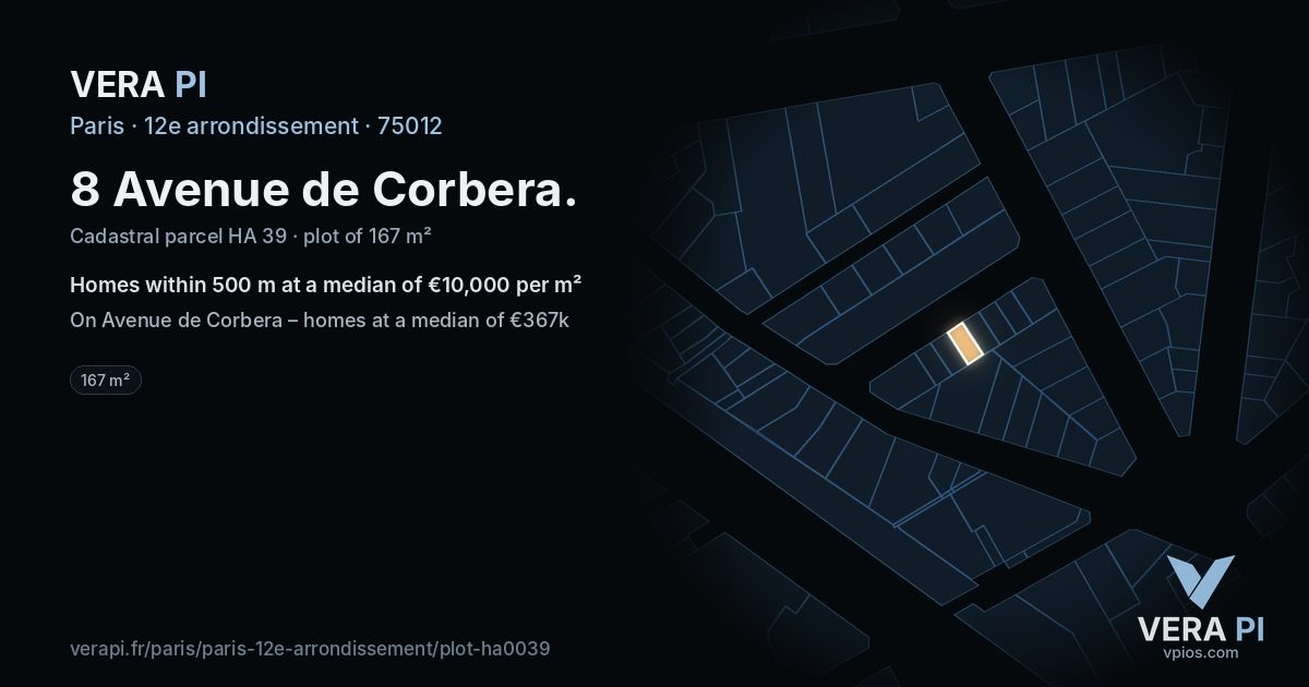 8 Avenue de Corbera, 12e arrondissement at night – the plot lit, the parcels around coloured by the prices near them